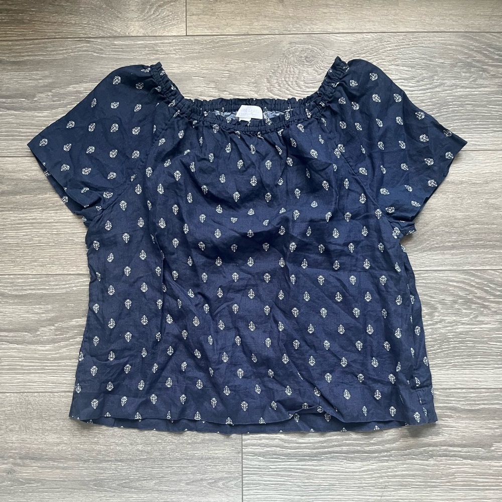 The White Company 100% Linen Navy White Leaf Short Sleeve Top Size 10 Spring